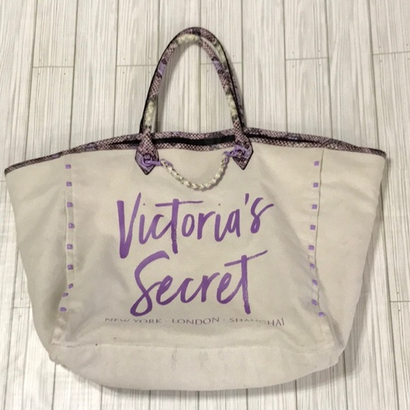 Victoria's Secret Cream and Purple Canvas Tote - Picture 1 of 12